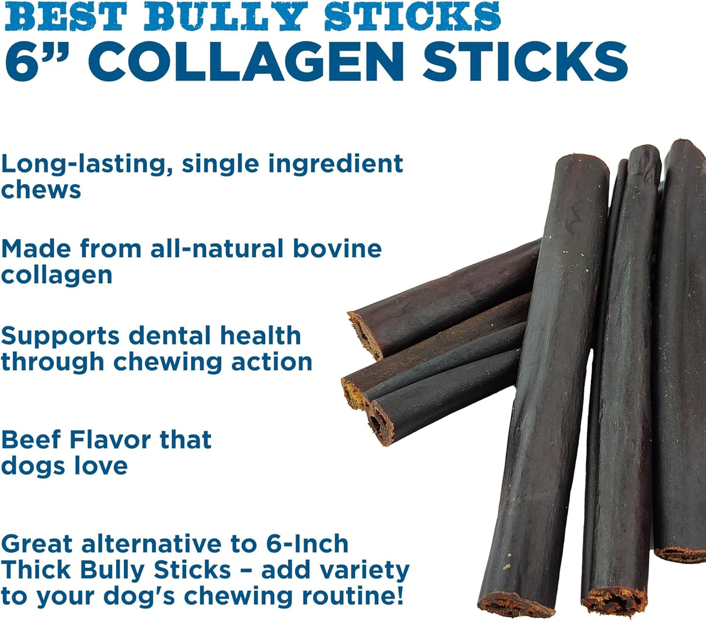 All Natural Dog Chews - 6 Inch Beef Collagen Sticks - USA Baked & Packed - Highly Digestible, Limited Ingredient, Rawhide Alternative Dog Chew - 5 Pack