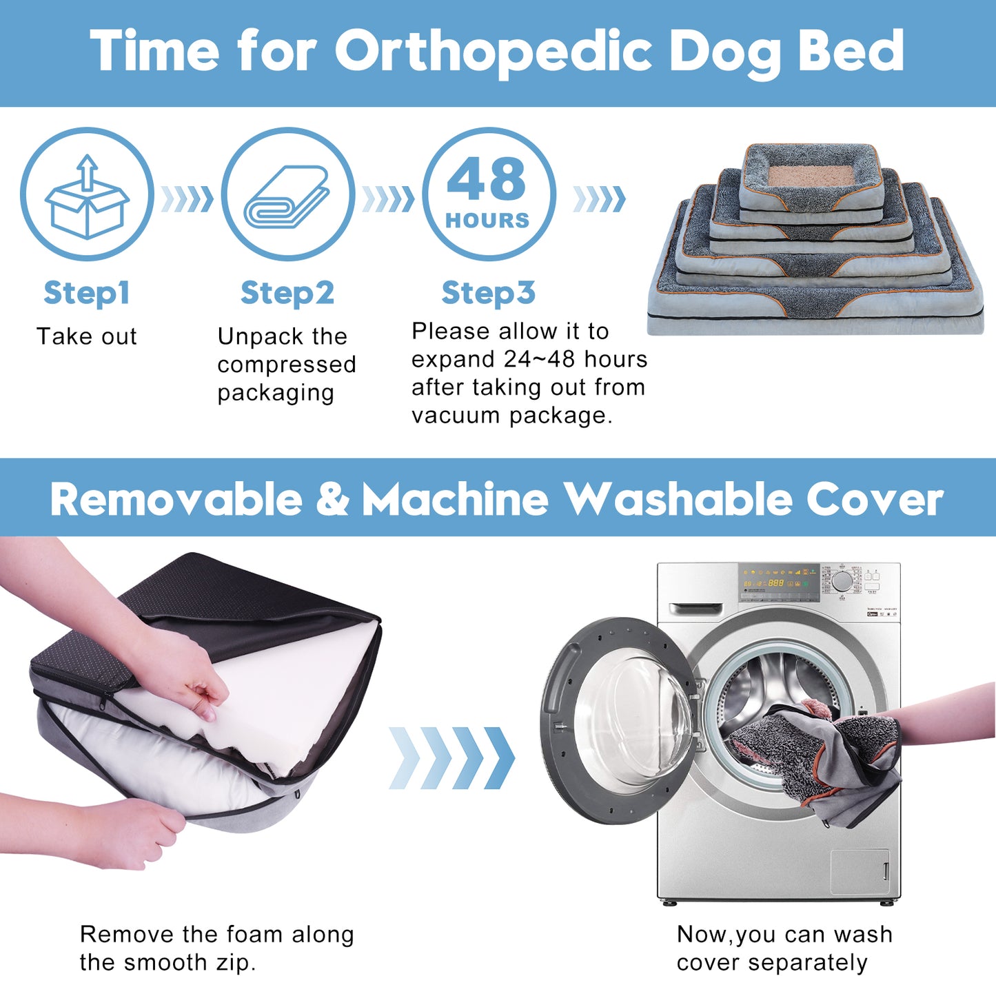 Dog Beds for Medium Sized Dogs Orthopedic Dog Bed Sofa Large Medium Small, Supportive Egg Crate Foam Pet Couch Bed with Removable Washable Cover Non Skid Bottom, M, Navy Gray