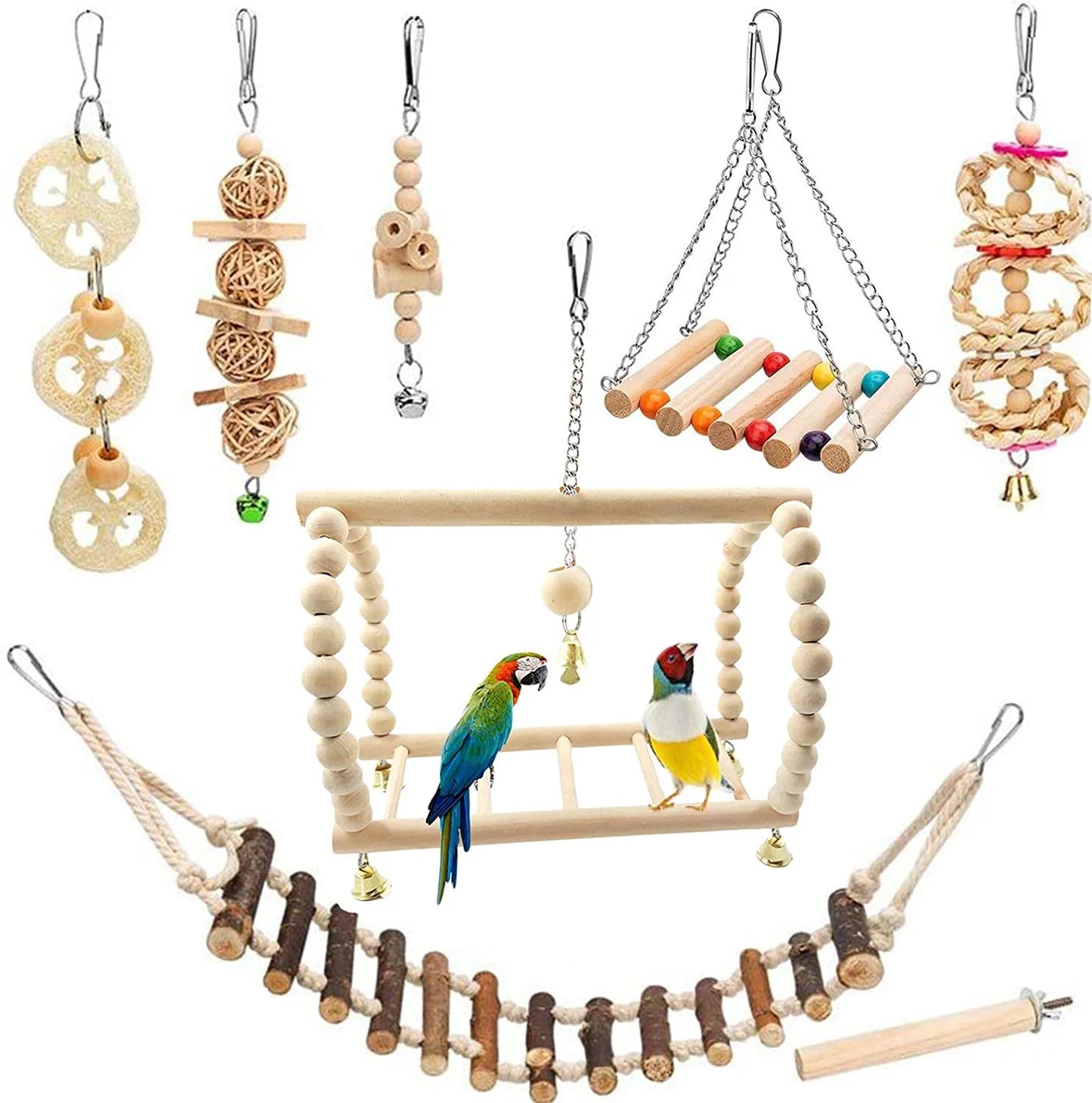 8 Pack Bird Toys for Parakeet Toys for Bird Cage Accessories Parakeets Swing Chewing Toys, Wooden Bird Toys for Cage Parrots Toys, Bird Training Toys, Parrot Hanging Swing