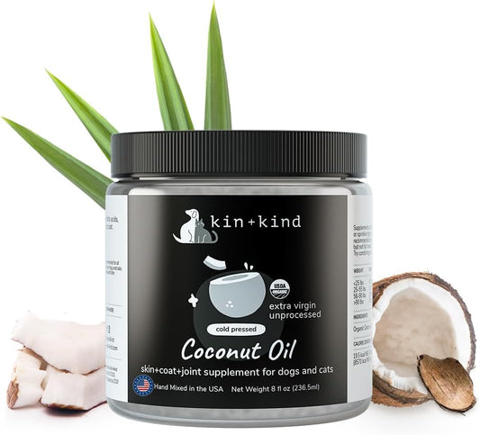 Organic Raw Coconut Oil Pet Supplement - Skin and Coat Support for Dogs and Cats - Safe, Natural Formula with Unprocessed, Cold Pressed Extra Virgin Coconut Oil - Mixed in the USA