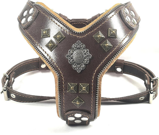 "Aztec Big Dog Leather Harness. 2 Tone Rivet Decorations. Zipper Decoration. Foam and Leather Padding Handmade in Europe.