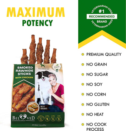 Dog Smoked Rawhide Sticks Wrapped Chicken & Pet Natural Chew Treats - Grain Free Organic Meat & Healthy Human Grade Dried Snacks in Bulk - Best Twists for Training Small & Large Dogs - Made for USA