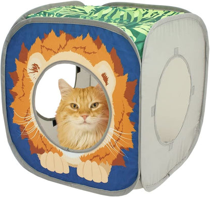 Safari Play Cubee, Cat Cube, Play Kennel, Cat Bed, Jungle Cat House, Multicolor, 15 H X15 W Inches