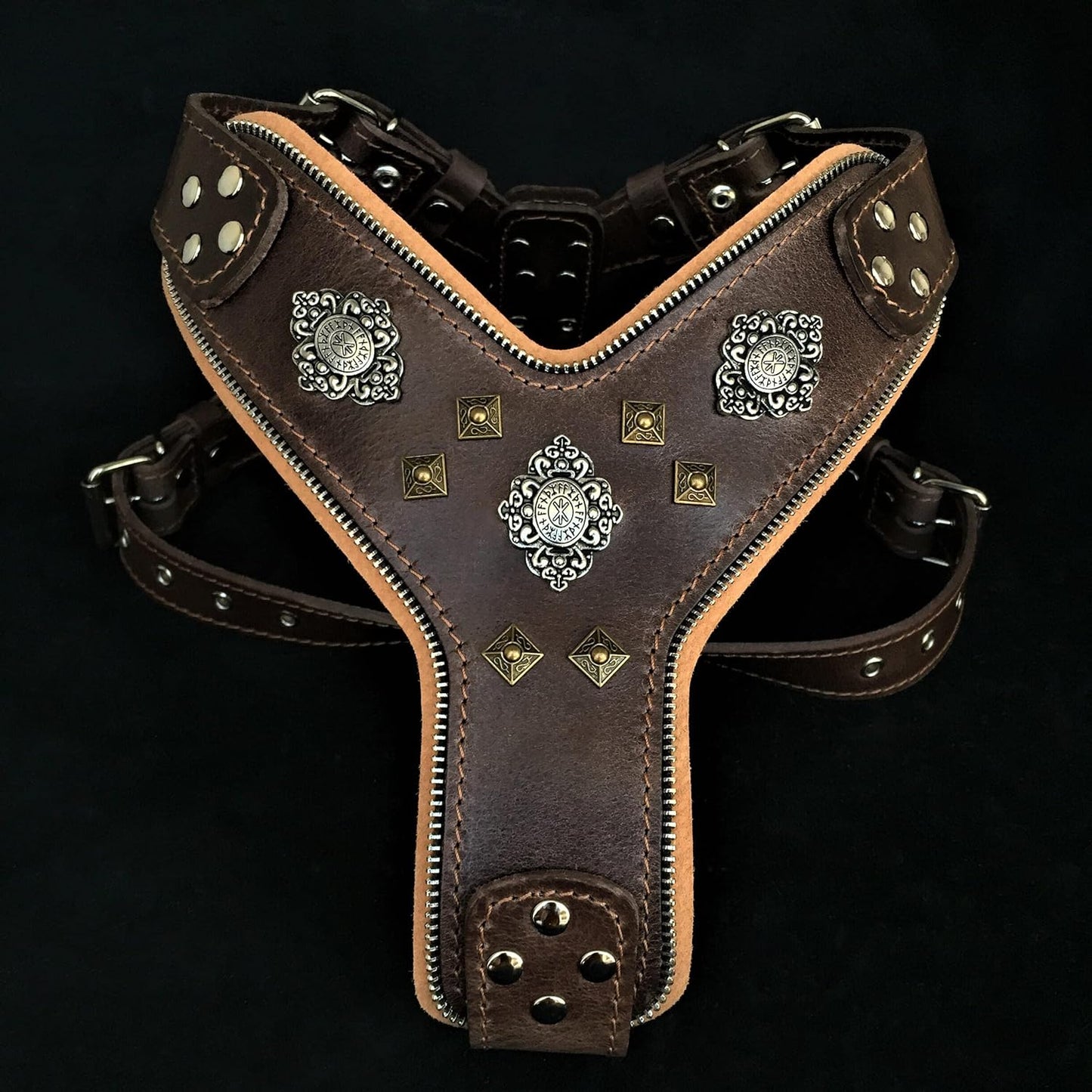 "Aztec Big Dog Leather Harness. 2 Tone Rivet Decorations. Zipper Decoration. Foam and Leather Padding Handmade in Europe.