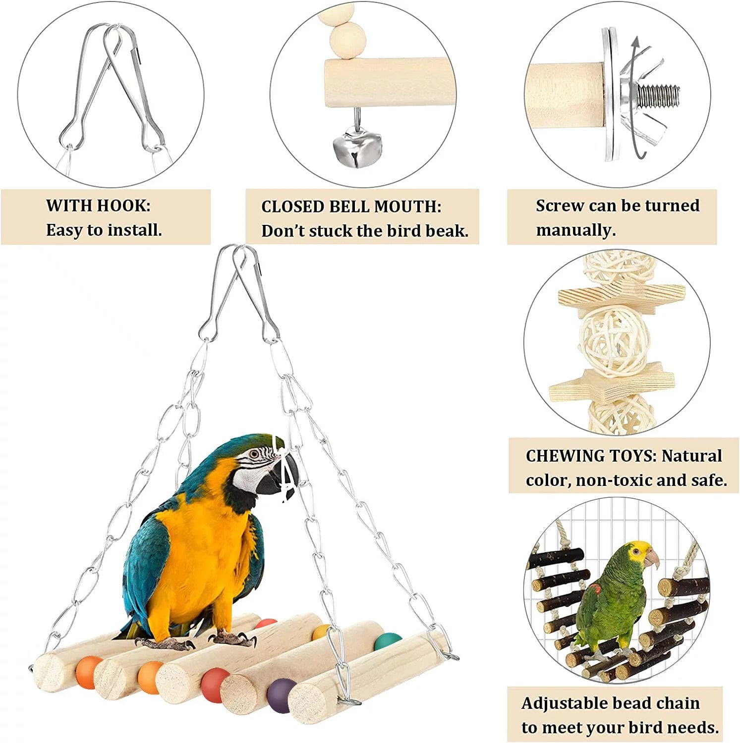 8 Pack Bird Toys for Parakeet Toys for Bird Cage Accessories Parakeets Swing Chewing Toys,  Wooden Bird Toys for Cage Parrots Toys, Bird Training Toys, Parrot Hanging Swing